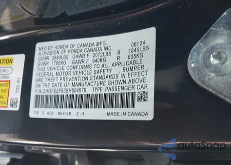 2025 Honda Civic Sport from USA, damaged, VIN 2HGFE2F53SH504570